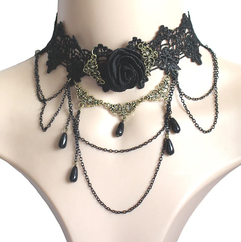 Exaggerated Fashion Lace Necklace Black Rose Blossom Gemstone Pendant Neck chain Simple Fashion Necklace