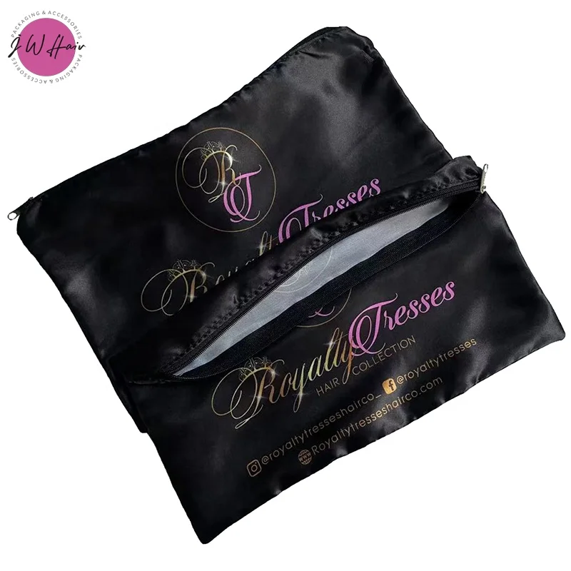 Custom High Quality Satin Bags For Human Hair Extension Silk Zip Bag For Wig Storage