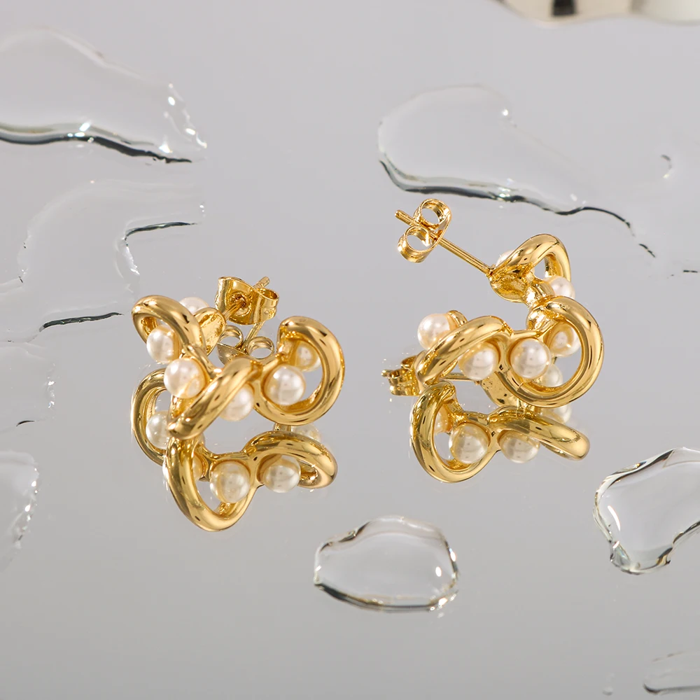 Trendy new geometric large C-shaped irregular lines wrapped pearl earrings elegant and charming ladies 18K gold plated