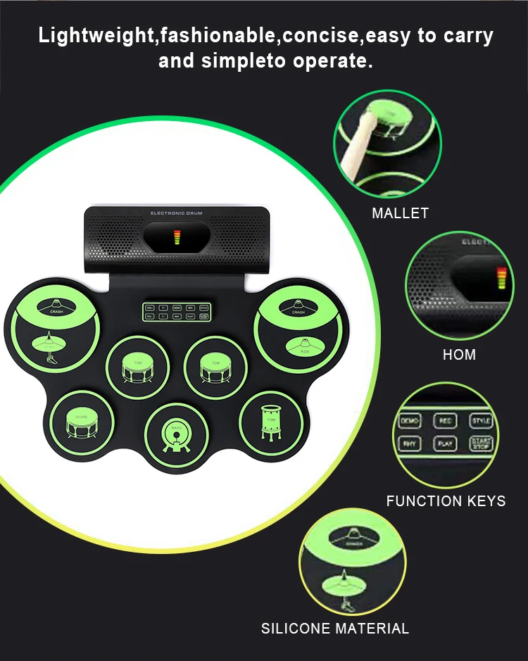 Adult Beginner Portable Electronic Drum Pad 7 Drum Pads Roll Up Drum Set