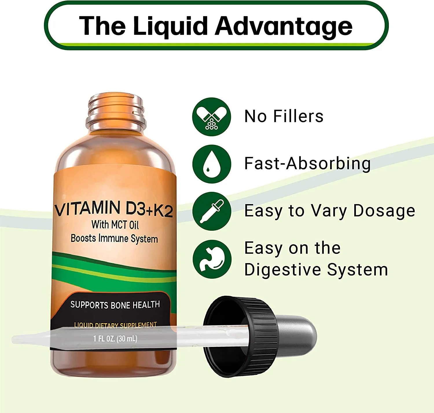 OEM Private Label Vegan Oral Liquid Supplements for Immune Support Zinc Calcium Iron Vitamin D3 K2 Drops in Bottle GMP Certified