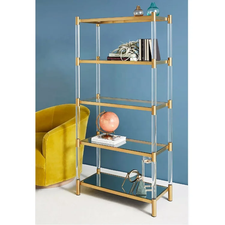 Clear Acrylic Ladder Shelf Elegant Commodity Shelf Lucite Gold Bookcase Living Room Display Stand