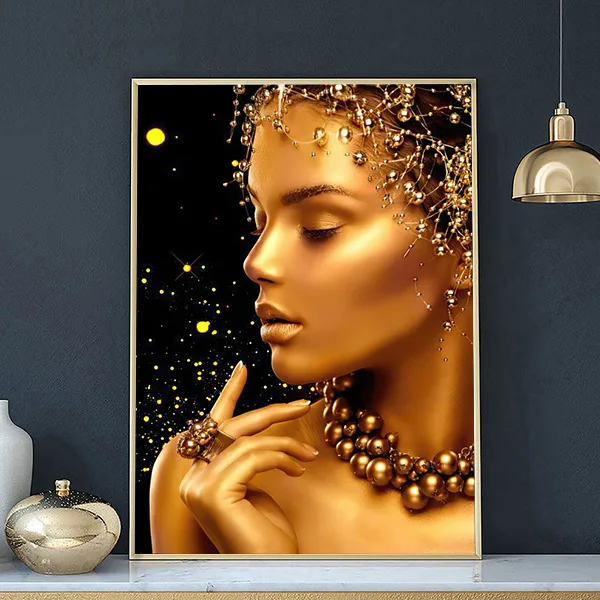 Hot Selling Gold Elegant Woman Figure Canvas Painting Indoor Frameless Wall Art
