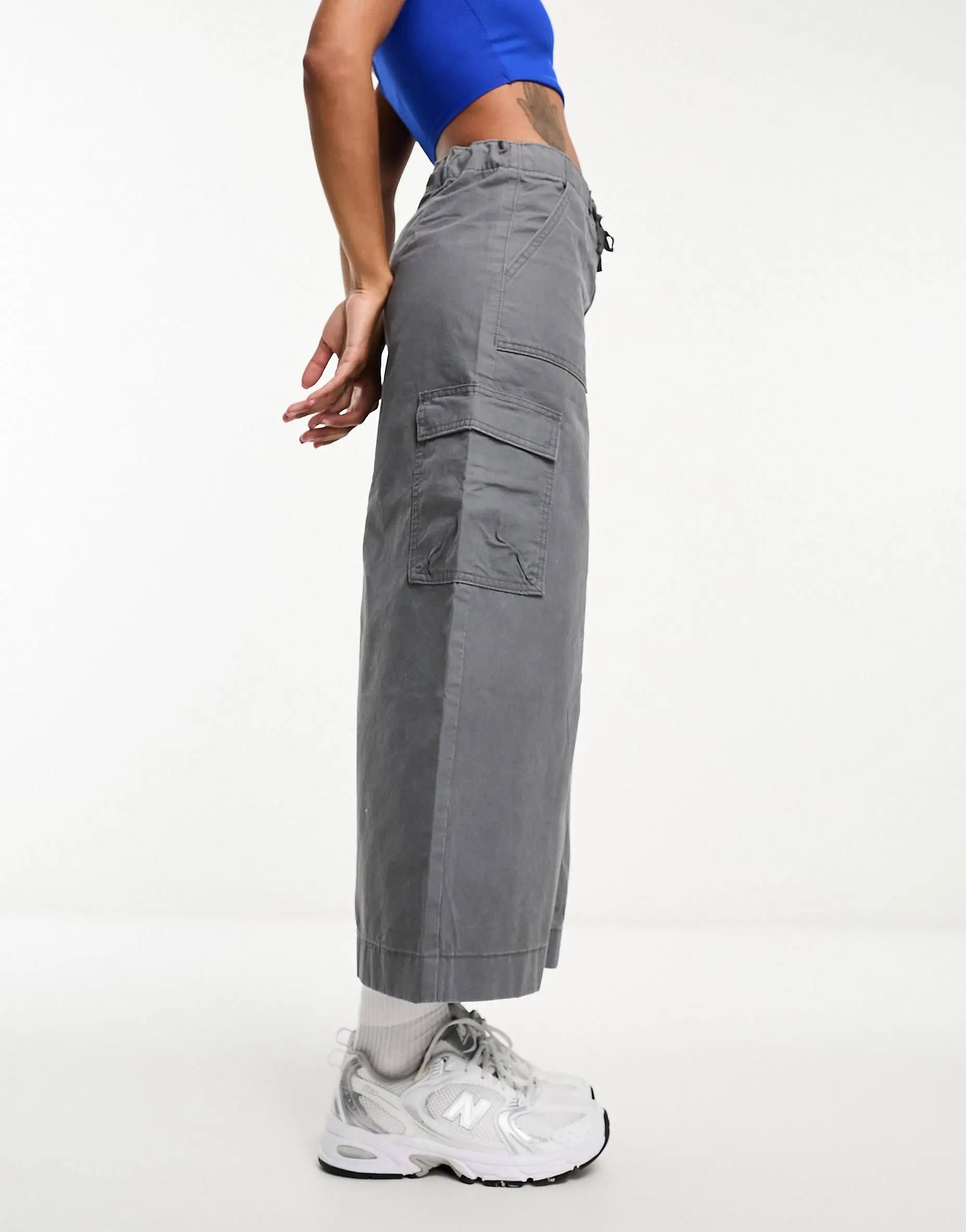 High Quality Women Solid Color Loose Slit Vintage Maxi Cargo Skirt With Pockets Elastic Waist Skirt Women Clothing Skirt