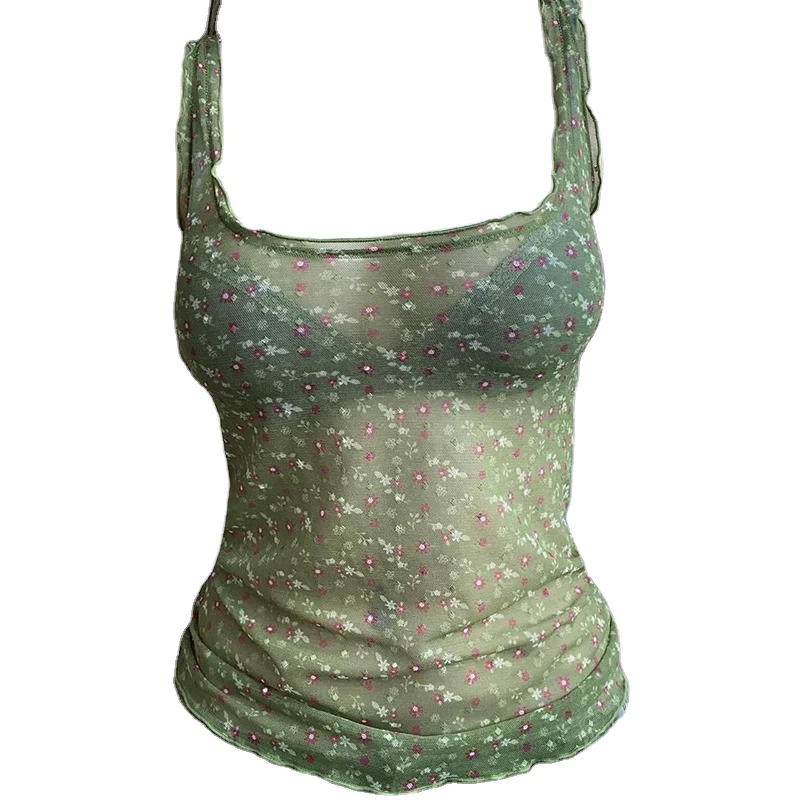 Sweet and Spicy Floral Mesh Lace Sexy See-through Stacked Camisole Small Fresh Square Neck Versatile Slim Camisole
