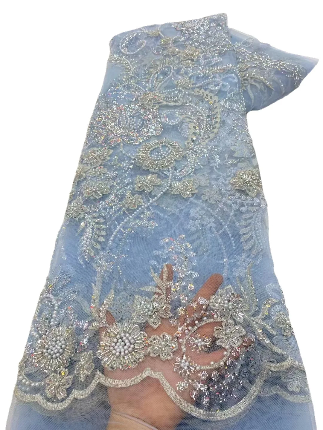Foreign trade bead tube sequin embroidered wedding dress fabric spot beaded bridal lace fabric for wedding evening dress