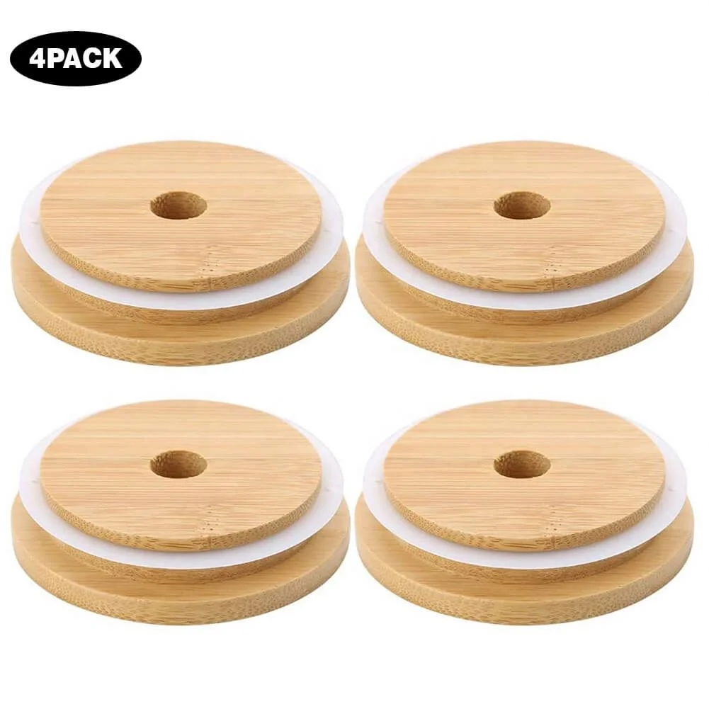 4PCS Bamboo Jar Lids with Straw Holes Wooden Durable Canninng Cover