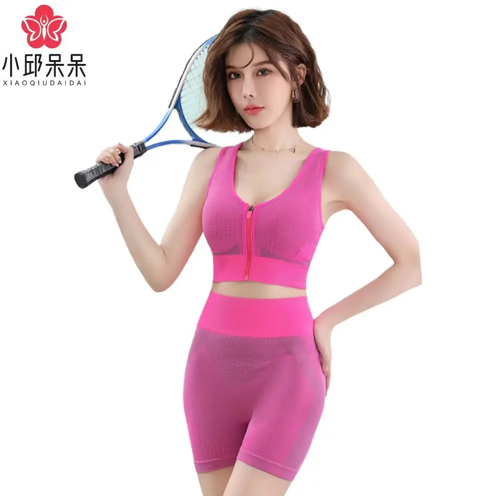 OEM ODM Custom logo size yoga shorts seamless sport Leggings Pants Workout tank Top women Set Front zipper track sports bra suit