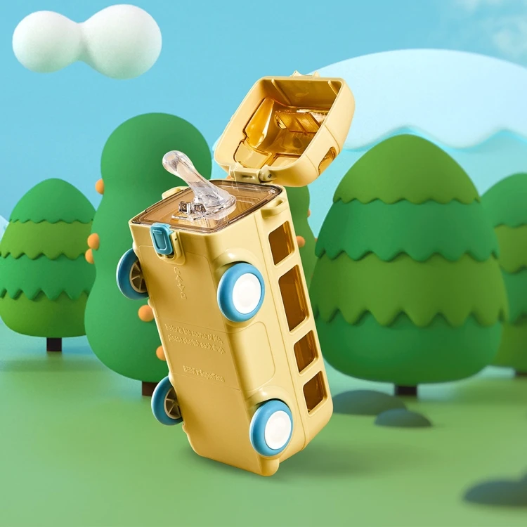 Cute Bus Kids Water Sippy Cup Creative Portable Cartoon Baby Cups with Straws Leakproof Water Bottles for Outdoor