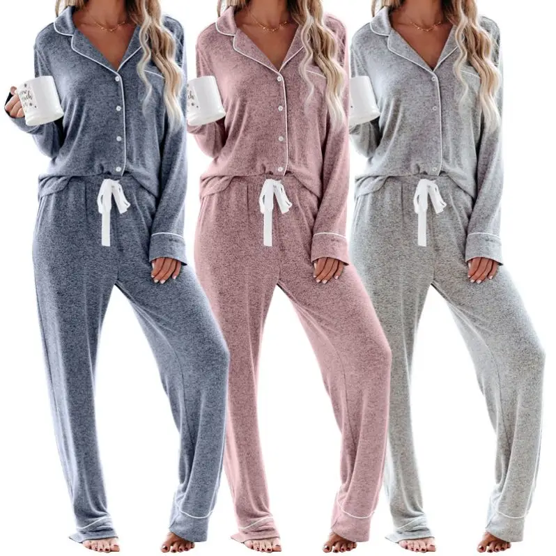Amazon Hot Long Sleeve Long Pants Solid Color 2 Piece Pijamas Soft Cotton Lounge Wear Pyjamas Women Sleepwear Pajamas Set