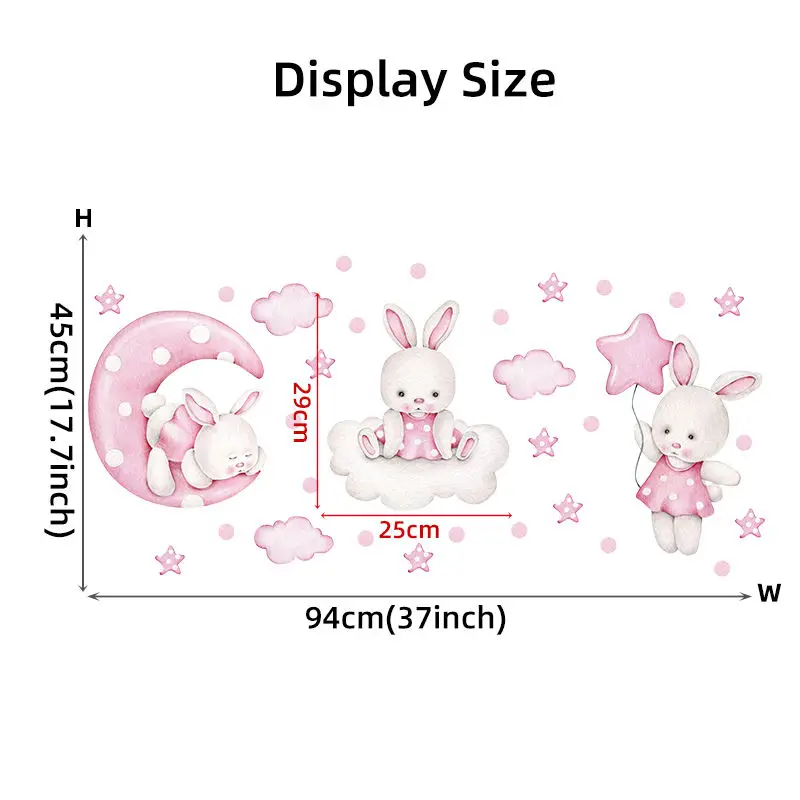 Wholesale custom printing waterproof cartoon pink rabbit moon star clouds wall stickers for home decoration kids room