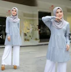 Muslim solid color round neck long-sleeved multi-layer stitching long shirt Middle Eastern Malay stitching pleated shirt