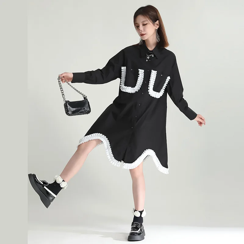 Custom Women Clothes Korean Fall Dress 2022 Irregular Loose Slim Contrast Color Dress  Mid Length Lapel Dress