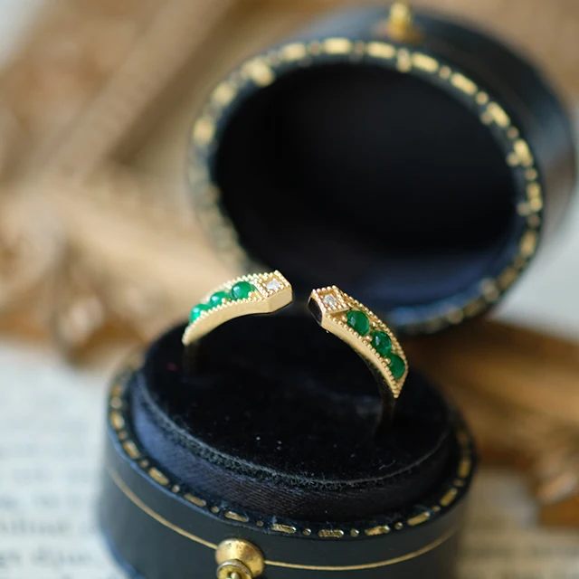 Six Round Emeralds Open Ring  14K Yellow Gold and Diamonds