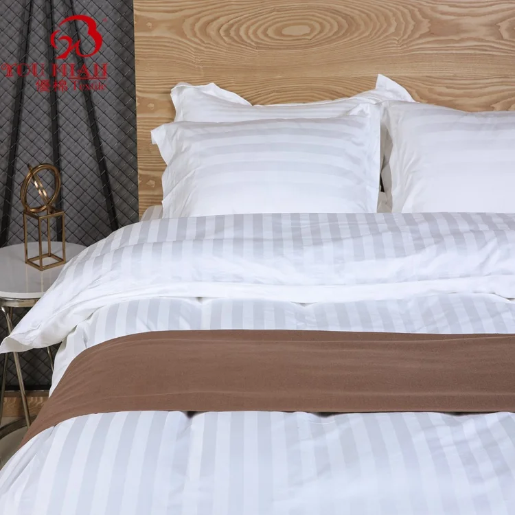 Hotel Queen King Size  Duvet Cover Sets White 100% Cotton Bedsheets 3cm Stripe Hotel Bedding Set