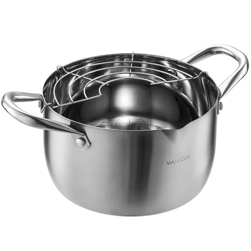 Multi function Japanese Style Mini Deep Oil Frying Pan Stainless Steel Tempura Fryer Pot with Drainer