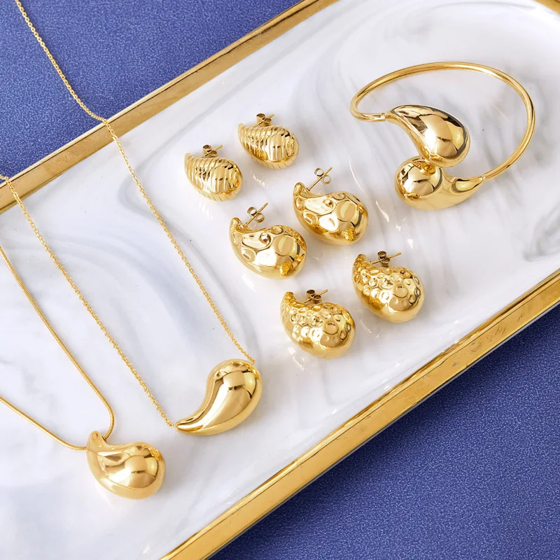 Stainless steel Drop Hollow Adjustable Bracelet Earrings Necklace Jewelry set for women 18K gold PVD rust-proof unusual jewelry