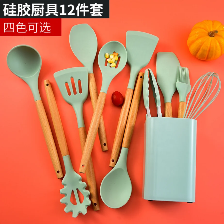 Hot Selling Silicone Cooking Tools Utensils 12 Pieces Eco-friendly Wooden Silicone gadgets Kitchen Accessories Utensils Set