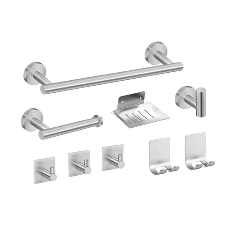 Sale Adhesive No Drilling  Bathroom Accessories Paper Holder Stainless Steel Towel Bar Hook 5-Piece Bathroom Hardware Set