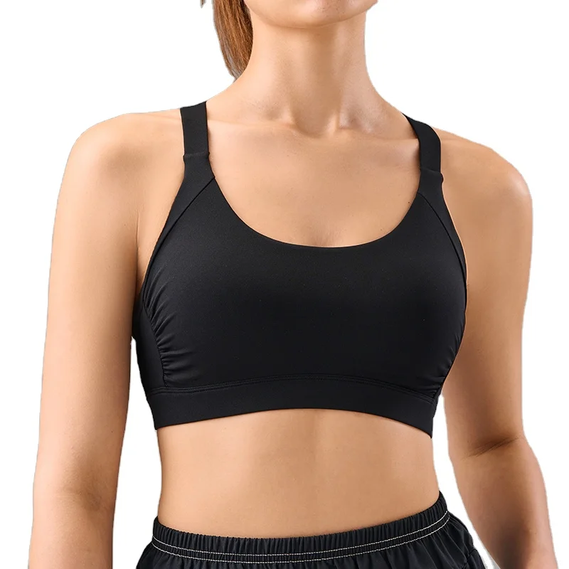 New Fitness Workout Gym 20 Spandex 80 Nylon Breathable Pleated Spandex Cross Back Custom Logo Yoga Sports Bra For Women