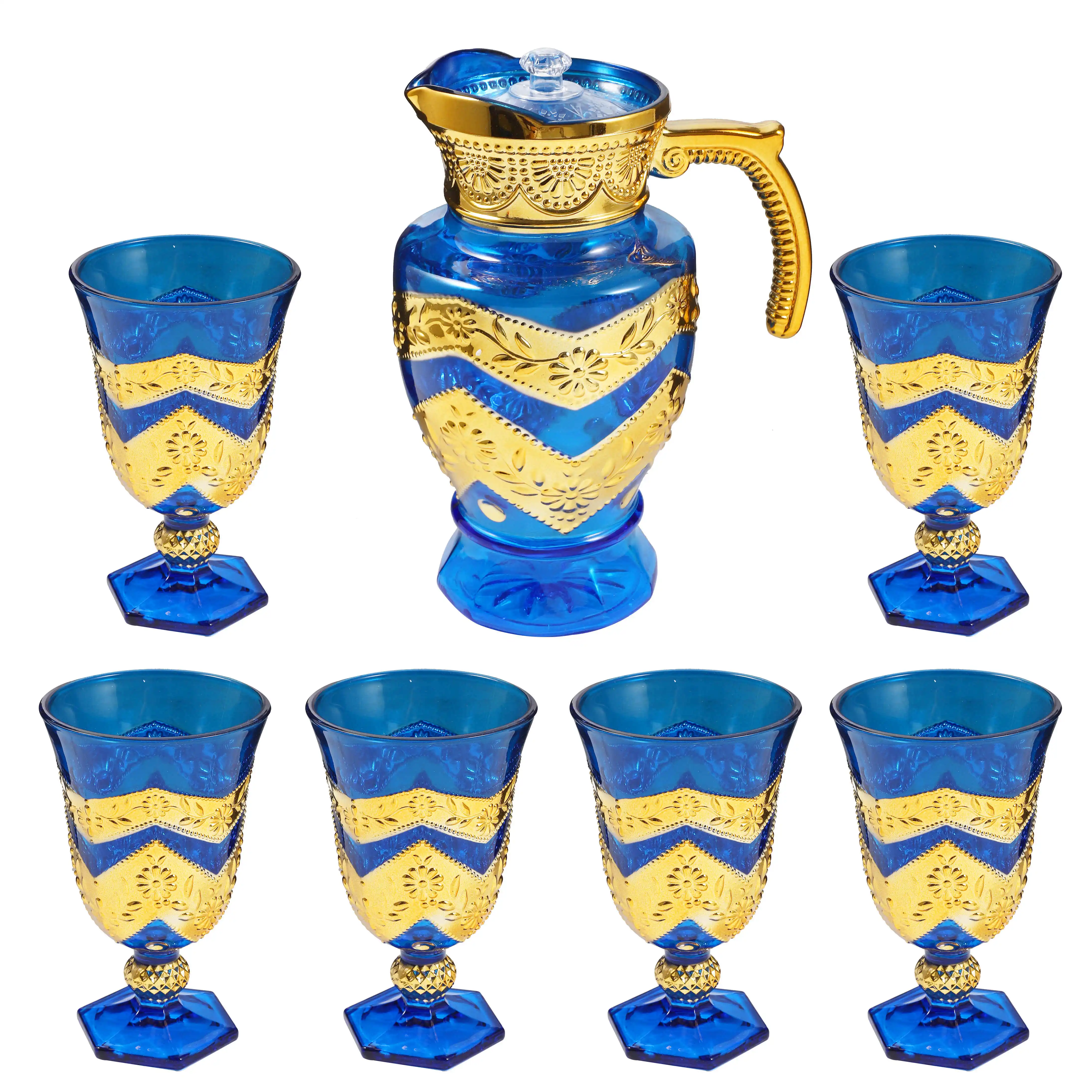 Glass Multicolor Deco Water and Beverage Jug Decanter 1.5 L and Tumblers 7*13 cm Set of 7 Pcs