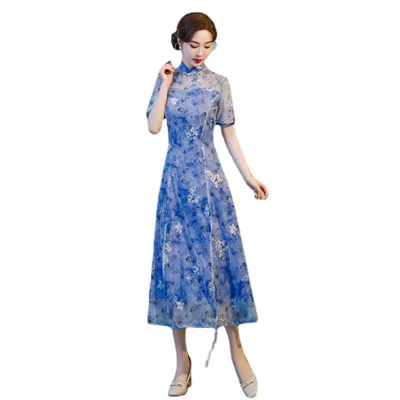 Ins Vintage Style Plus Size Cheongsam Women Autumn Girl Open Fork Sexy Qipao Dress