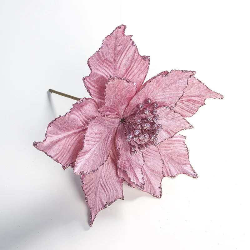 28cm Fabric Christmas Flowers with Glitter Christmas Artificial Flowers Xmas Tree Decoration