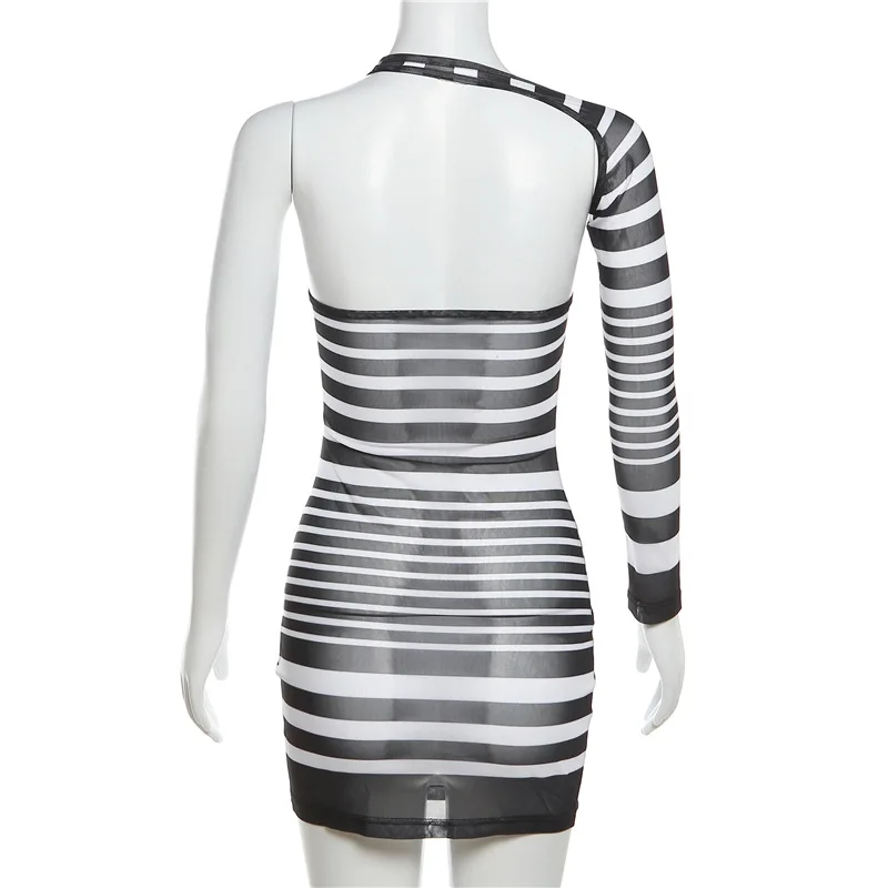 Female Trending Fashion One Shoulder Long Sleeve Dress Mesh See Through Striped Dresses