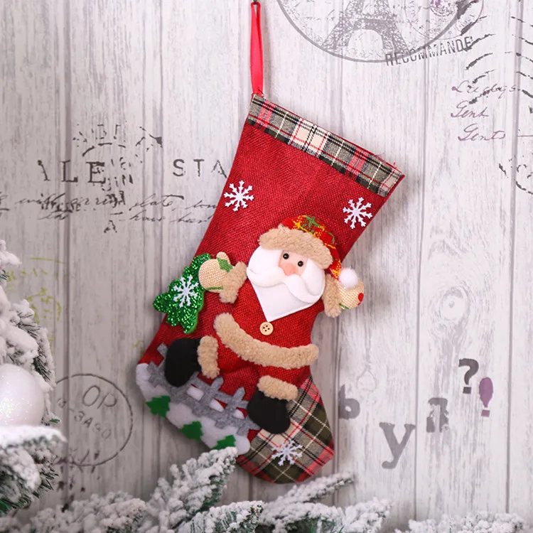 Hanging Christmas stockings Christmas lattice linen doll gift bag Christmas tree Snow fence decoration socks