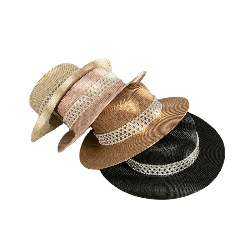 Women Hephurn Straw Hat Vintage Ladies Outdoor Travel Sun Hats Trendy Seaside Beach Holiday Simple Pearl Floppy Sunscreen Hat