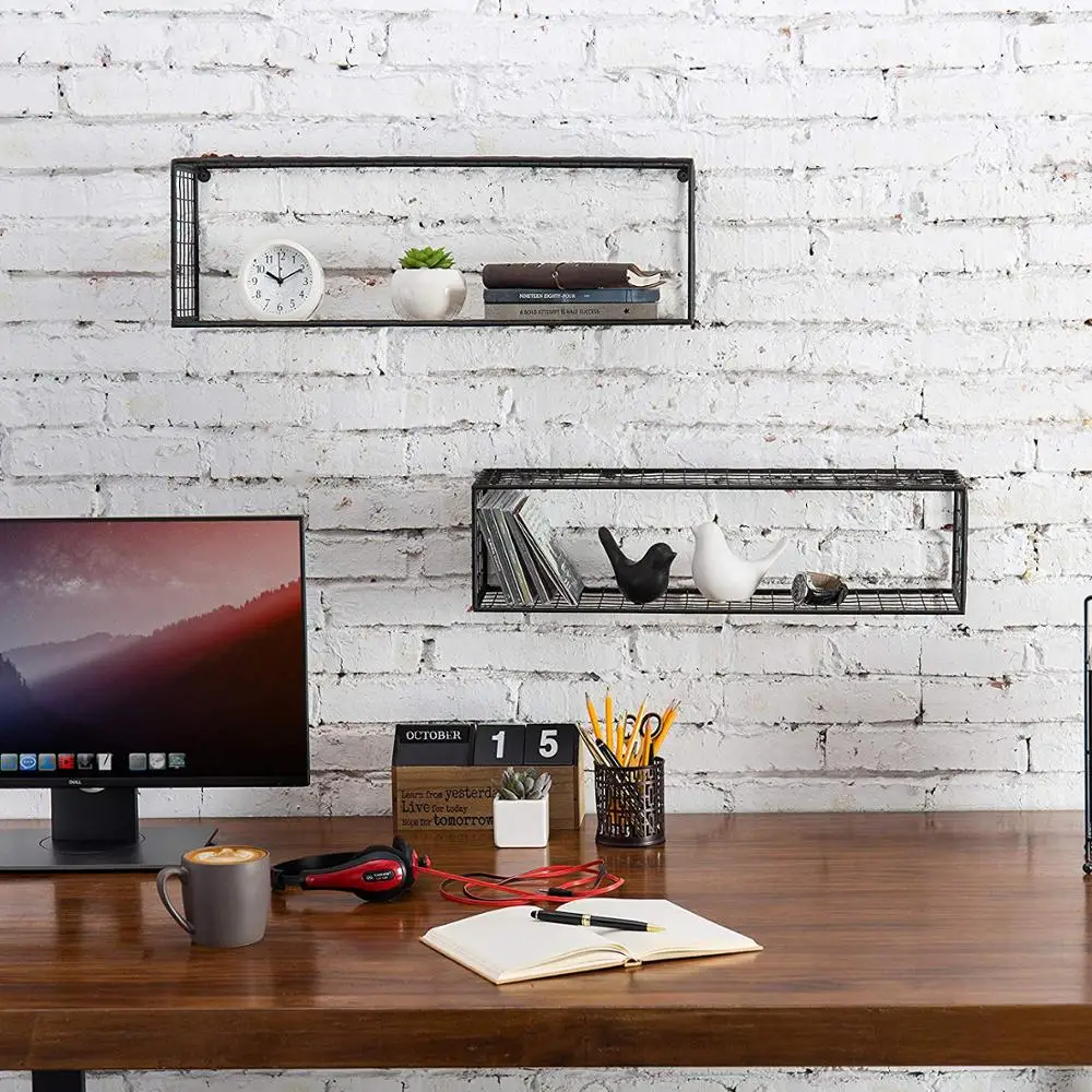 
Black Metal Wire Wall-Mounted Rectangular Floating Shelves, Display Shadow Boxes, Set of 2 