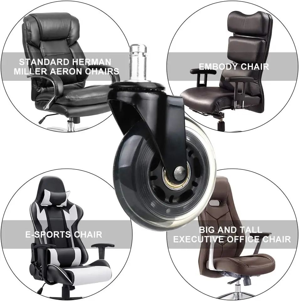 Sound Off Office Chair Caster Wheels without Brake Swivel Furniture Rubber Caster Wheel and Heavy Duty PU 2.5 Inch Black Modern