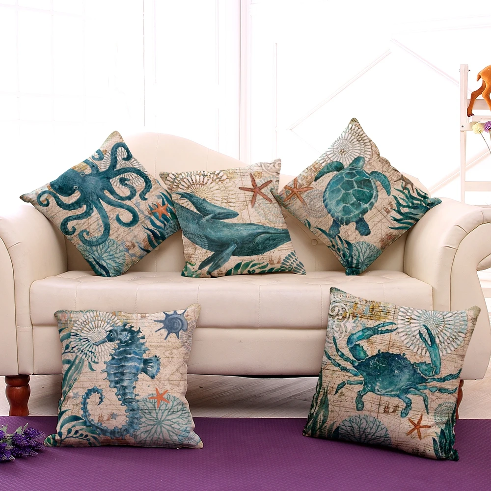 Blue Ocean Animal Decorative Custom Design Sea Fish Animal Hentai Square Linen Pillowcase Cushions Covers