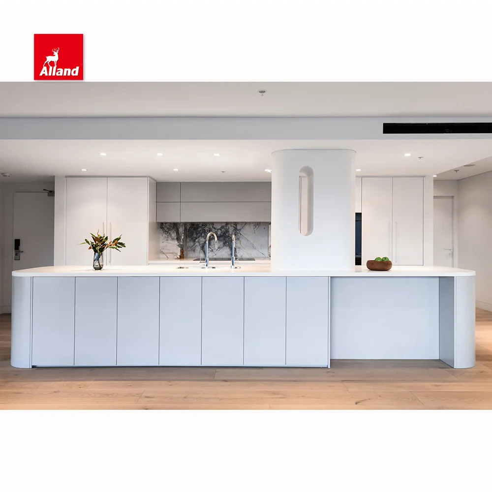 Allandcabinet Modern Style Interior Design White Lacquer MDF Handleless Slab Doors Kitchen Cabinets with Curved Fluted Island