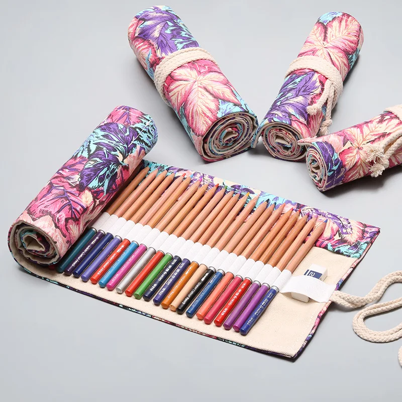 Wholesale 36 Holes Capacity Colorful Plain Canvas Pencil Roll Case