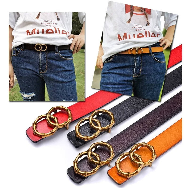Wholesale Custom Factory Directly Genuine Leather Belts Bamboo Shaped Smooth Gold Buckle Belts For Women