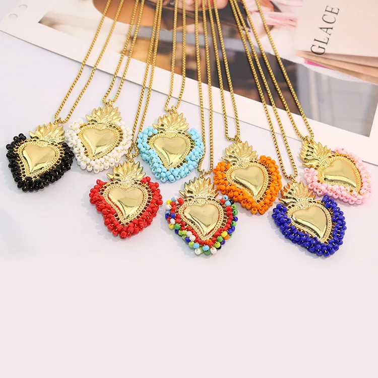NM1306  Fashion 18k gold plated multi colored Colorful Rainbow Tiny Seed Beaded Scared Heart stainless steel chain necklace