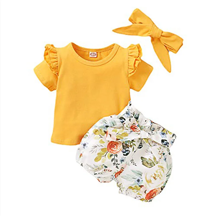 
Toddler Baby Kids Girl Summer Sleeveless yellow Flying sleeve T Shirt Top shorts clothes set 