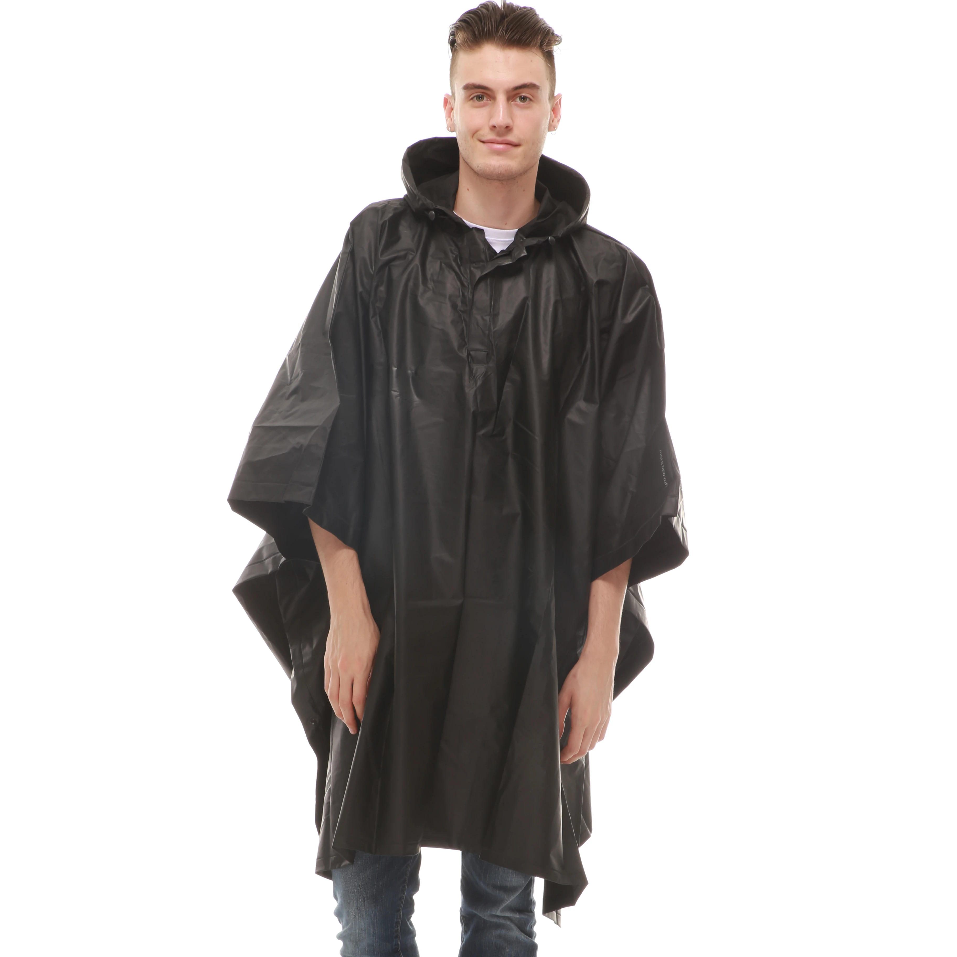 2021 cheap promotion black rain coat custom logo 100% waterproof men PVC reusable rain poncho raincoats