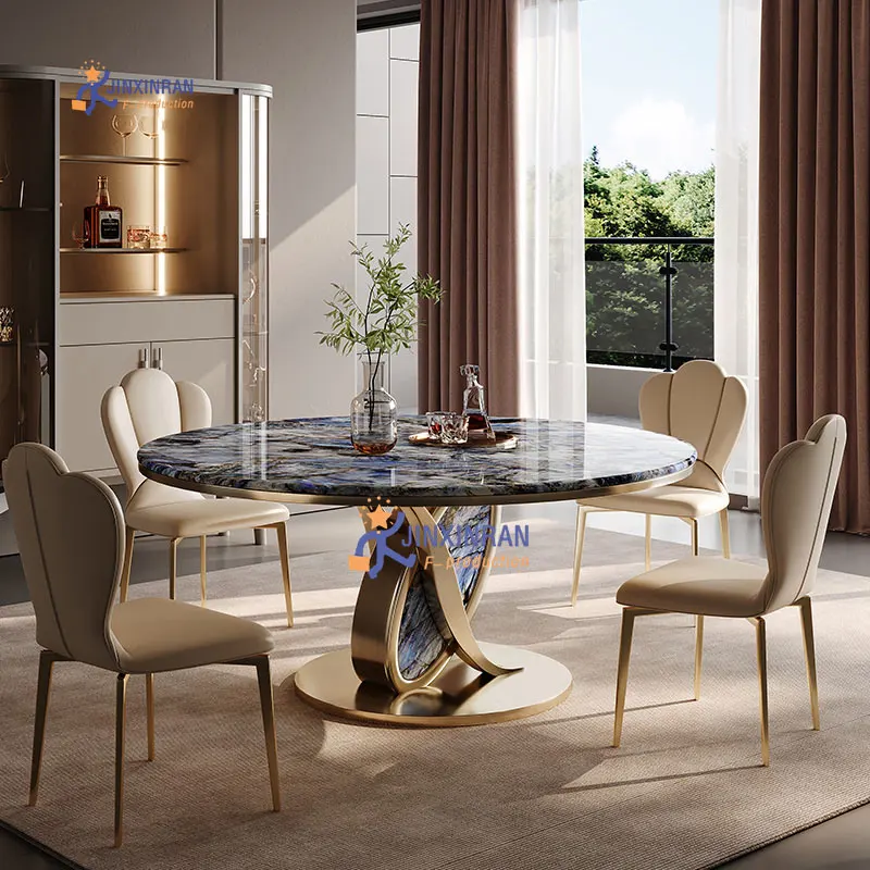 Round lazy susan dinning table italian modern luxury marble stainless steel gold dining tables set with 6 chairs for home villa