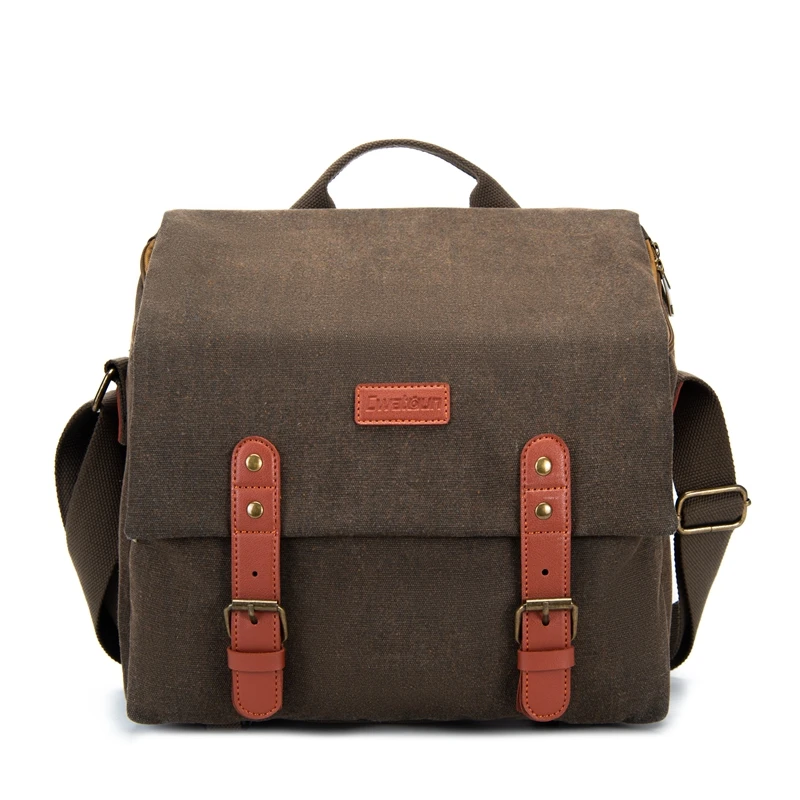 Cwatcun N1 Large Compact Camera Bag Case Canvas Leather Trim Mirrorless Lenses Waterproof Camera Shoulder Messenger Bag