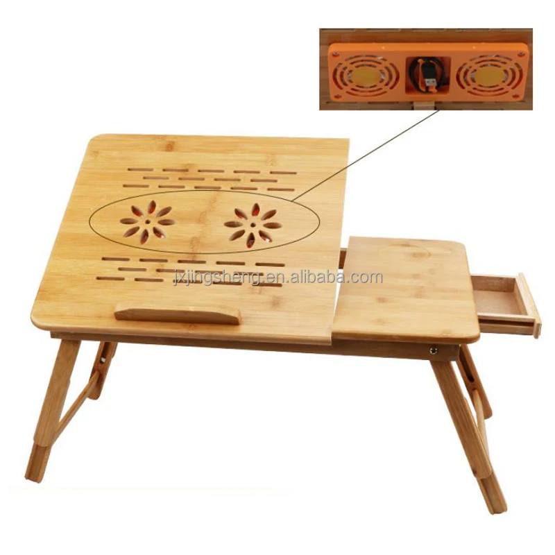 Folding Laptop Table with Fan Bamboo Portable Computer Desk for Bed Sofa Height Adjustable Laptop Stand