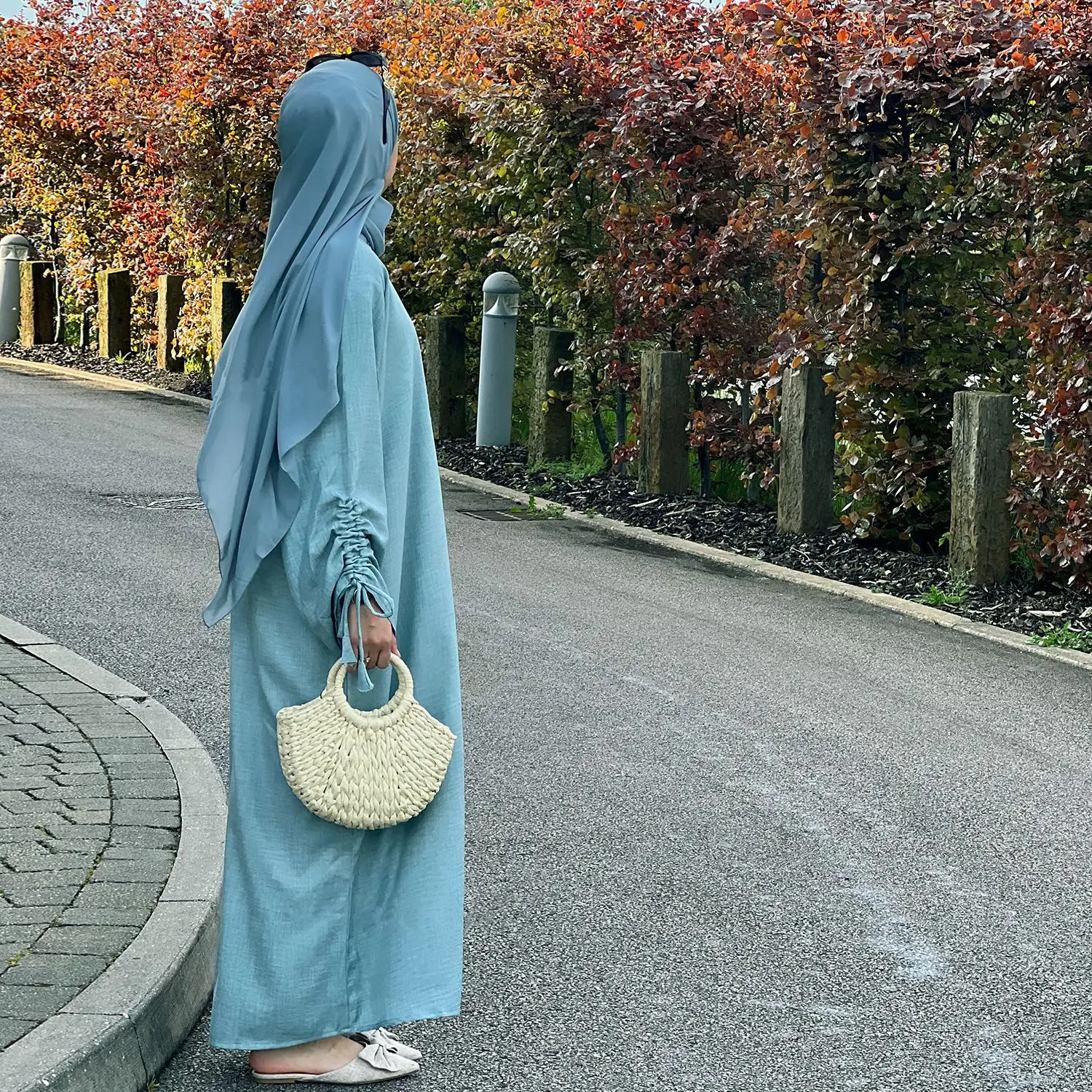 2024 Amazon Dubai Spring And Summer Party Cuff Lace-up Dress Solid Color Long Dresses Women Muslim Women Dress