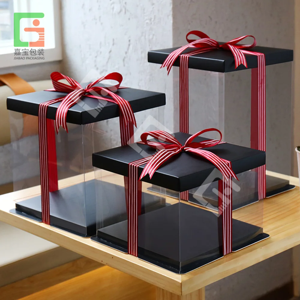 Customized Plastic Round Rectangle Clear Large Birthday Cake Box Packaging with Paper Holder and Lids