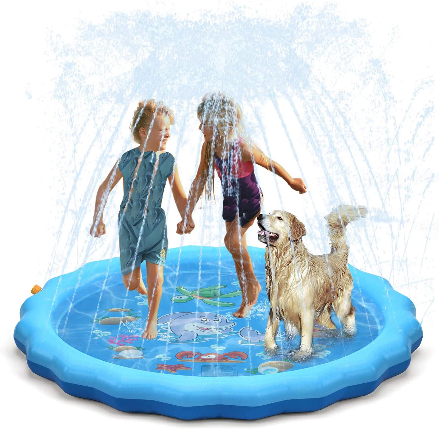 Outdoor backyard dog sprinkling water sprinkling children and dog outside water toy girl boy splash mat