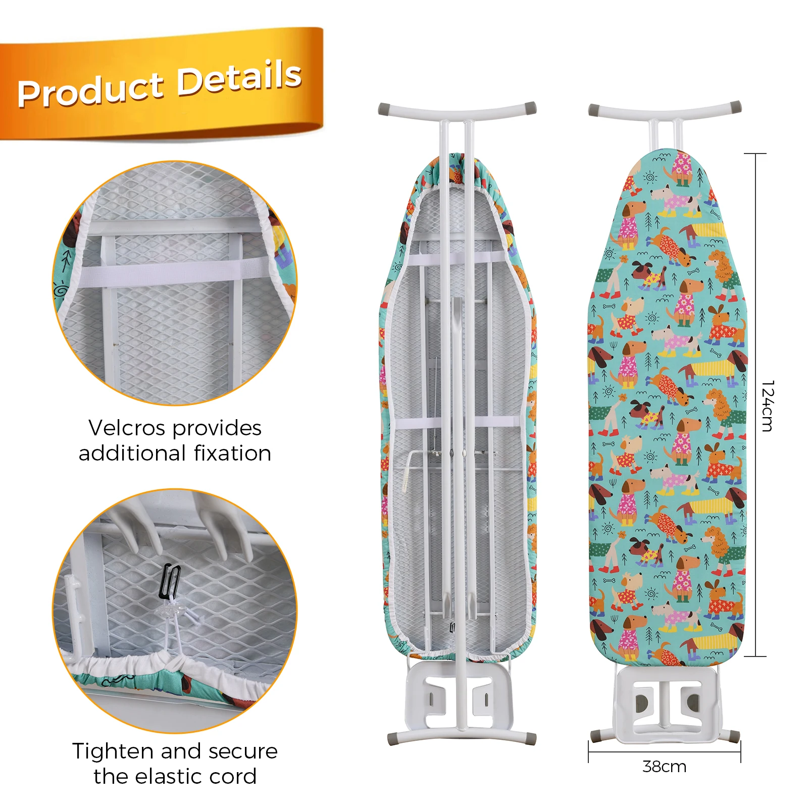 High Quality Cotton Heat Resistance 250gsm 2-Layers 124*38 cm Lovely Dogs Ironing Board Cover With Elastic Edge