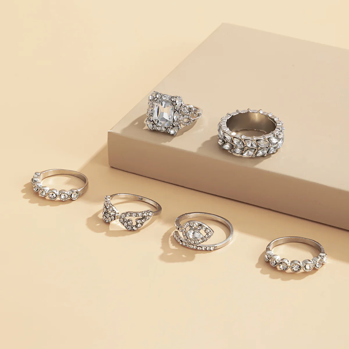  6pcs/set Bohemia Chic Fashion Geometric Waterdrop Crystal Diamond Alloy Finger Ring for Women