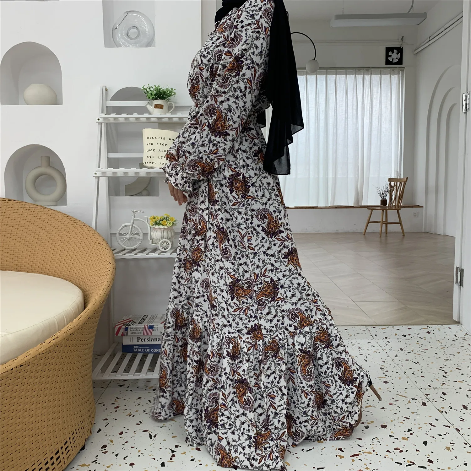 6373#Newest Floral Printed Long Chiffon Islamic Clothing Muslim Abaya Women Maxi Dresses