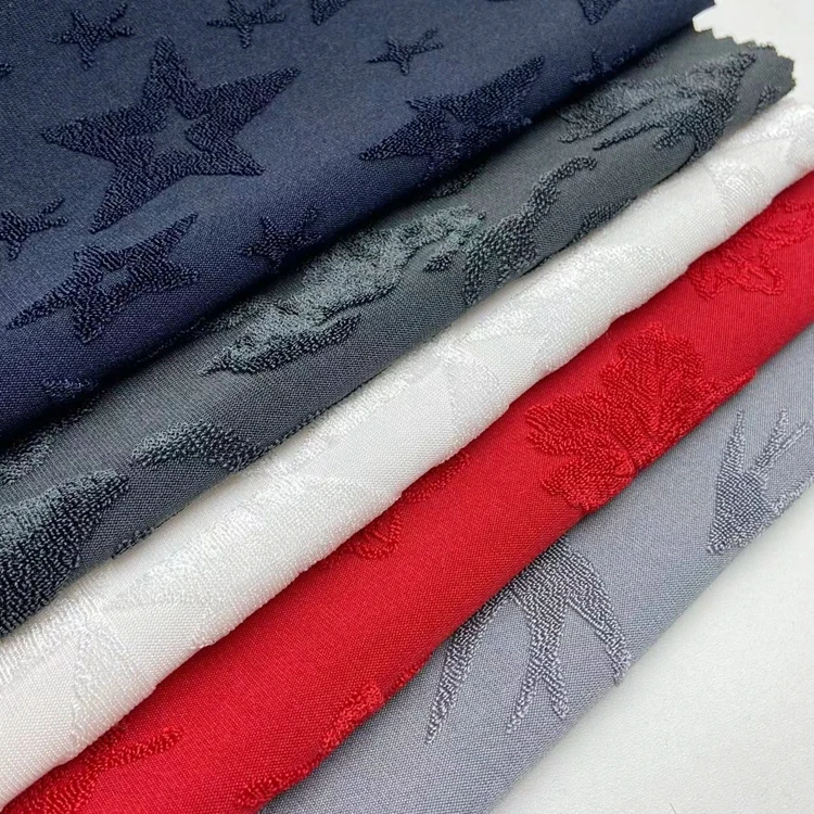 Wholesale 98 polyester 2 spandex knit maple leaf red baby terry 240GSM jacquard towel fabric for clothing