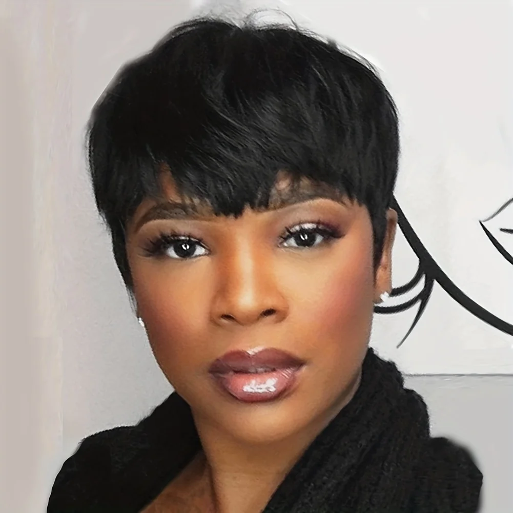 Natural Looking 6 Inch Short Human Hair Pixie Cut Wigs With Bangs None Lace Front Layered Wigs Short Human Hair Wigs For Women